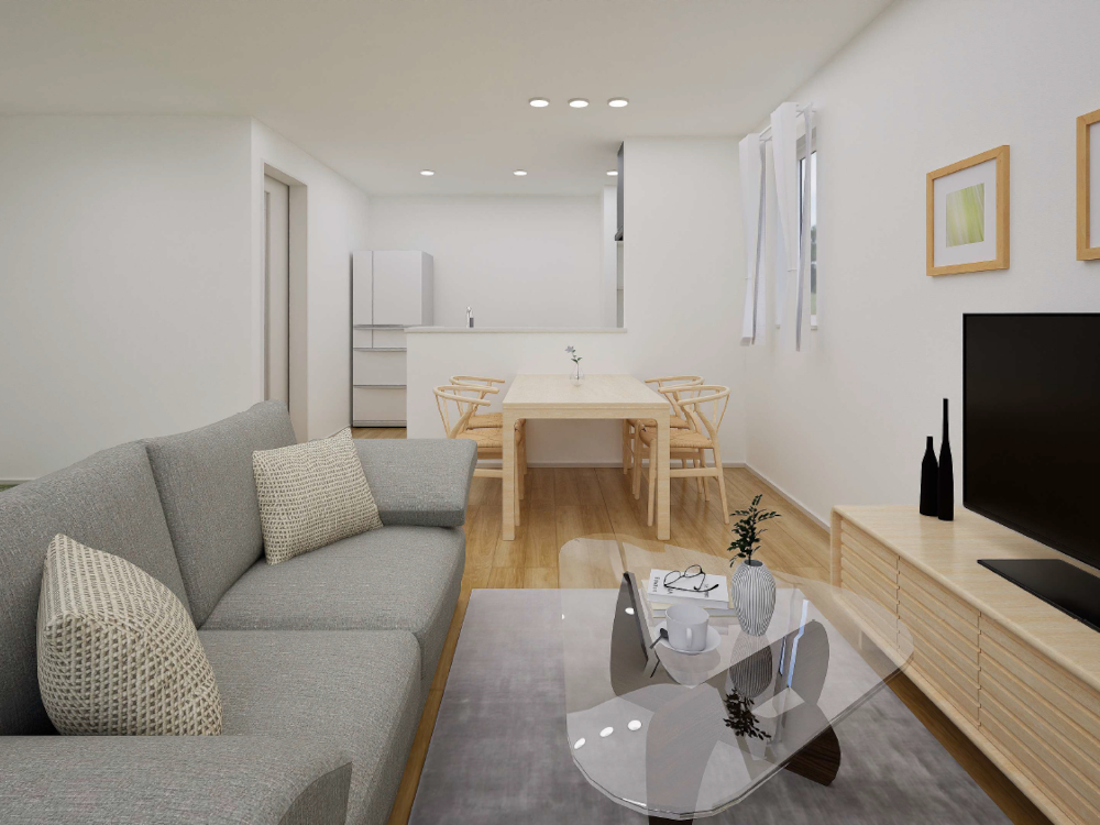 【完成予想図(内観)】キッチンに立つと、お部屋全体が望めて家族の会話も弾みそう♪