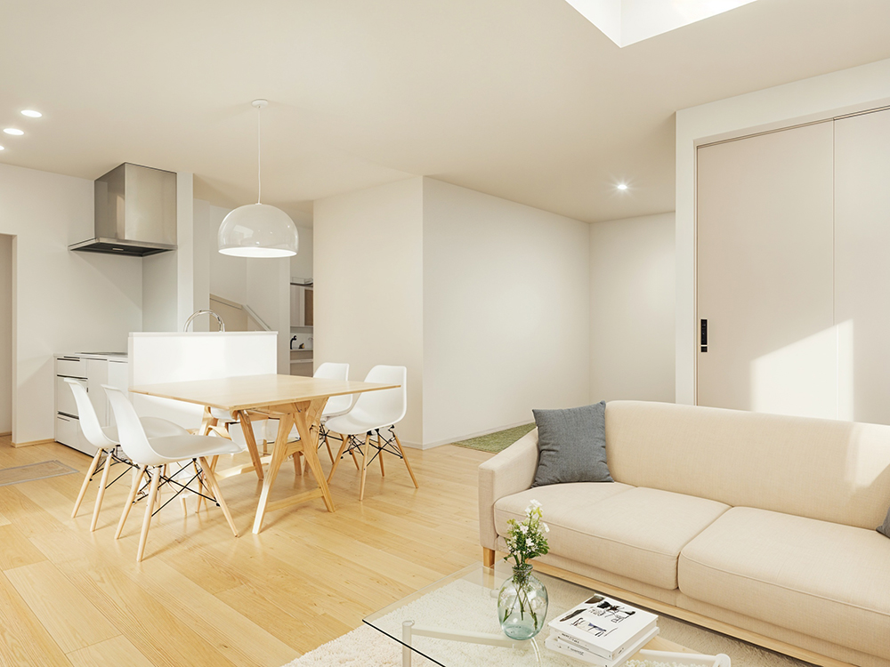 【完成予想図(内観)】家事の動線と生活の動線を分けた快適間取り。水回りをまとめて家事効率も◎!