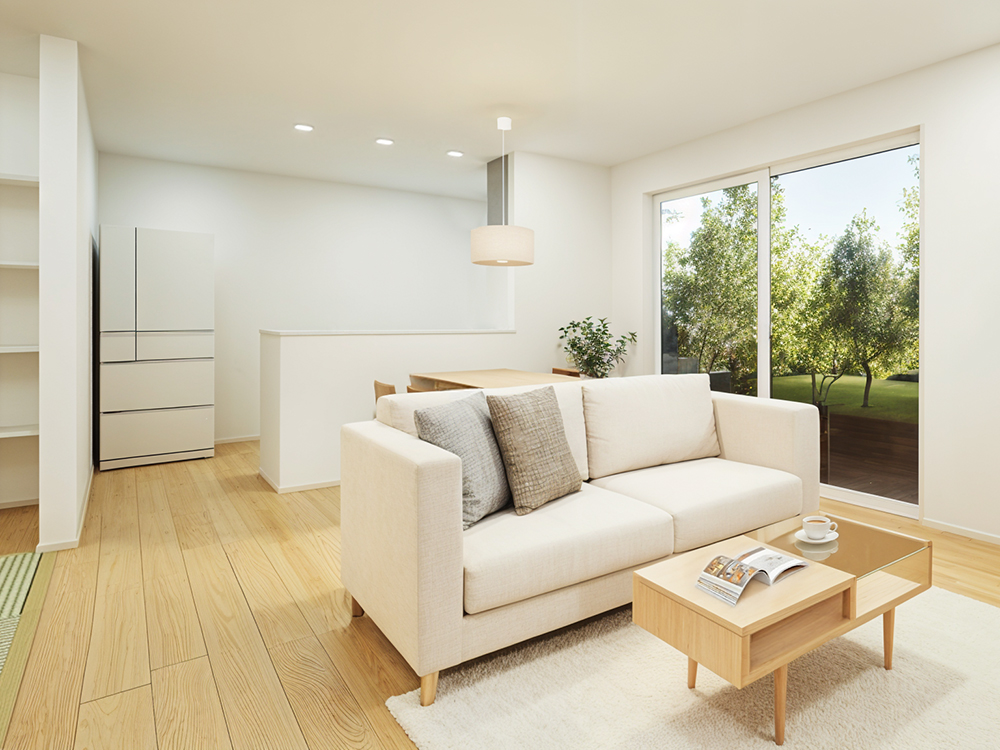 【完成予想図(内観)】タタミコーナーを合わせると19帖の広々LDK!2方向に窓を設け、光と風をたっぷり取りみ、開放感あふれるリビングです。