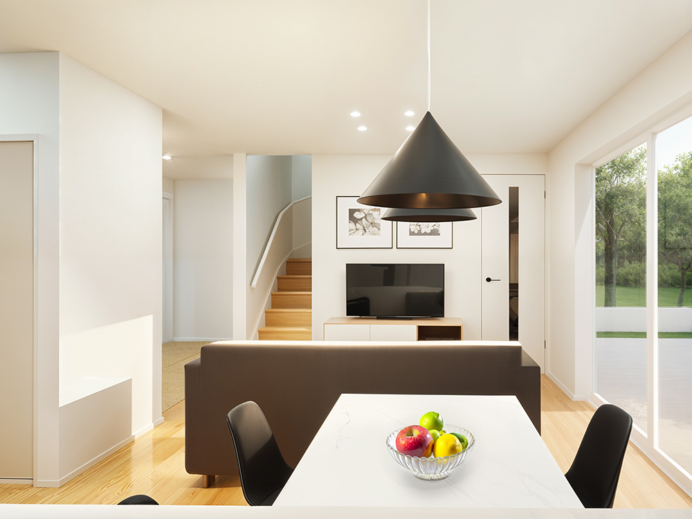 【完成予想図（内観）】対面キッチンだから、お子様のリビング学習もタタミコーナーでの遊びも見守りOK♪ 家事中も家族の時間がつながります。