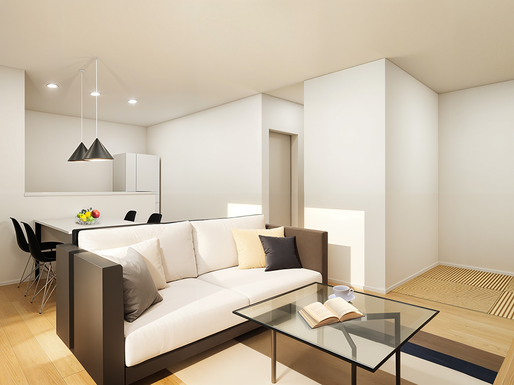 【完成予想図（内観）】タタミコーナーを合わせると約20帖の広々LDK！白を基調とした明るい空間は、どんな家具やインテリアとも相性抜群！