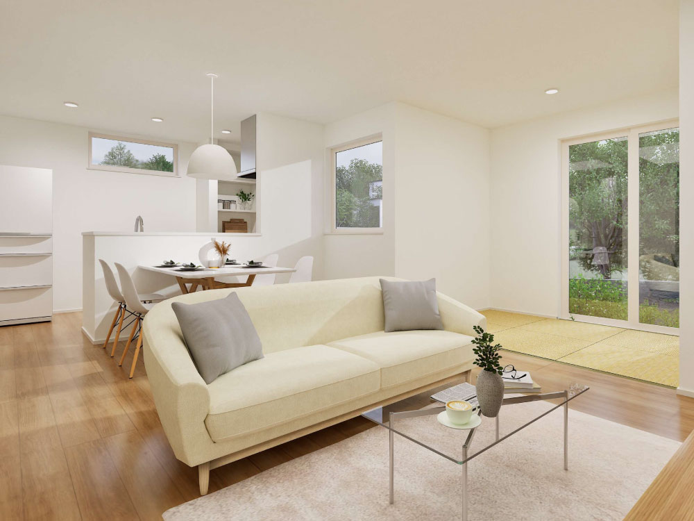 【完成予想図(内観)】タタミコーナーを合わせると19.7帖の広々LDK!3方向に窓を設け、光と風をたっぷり取りみ、開放感あふれるリビングです。