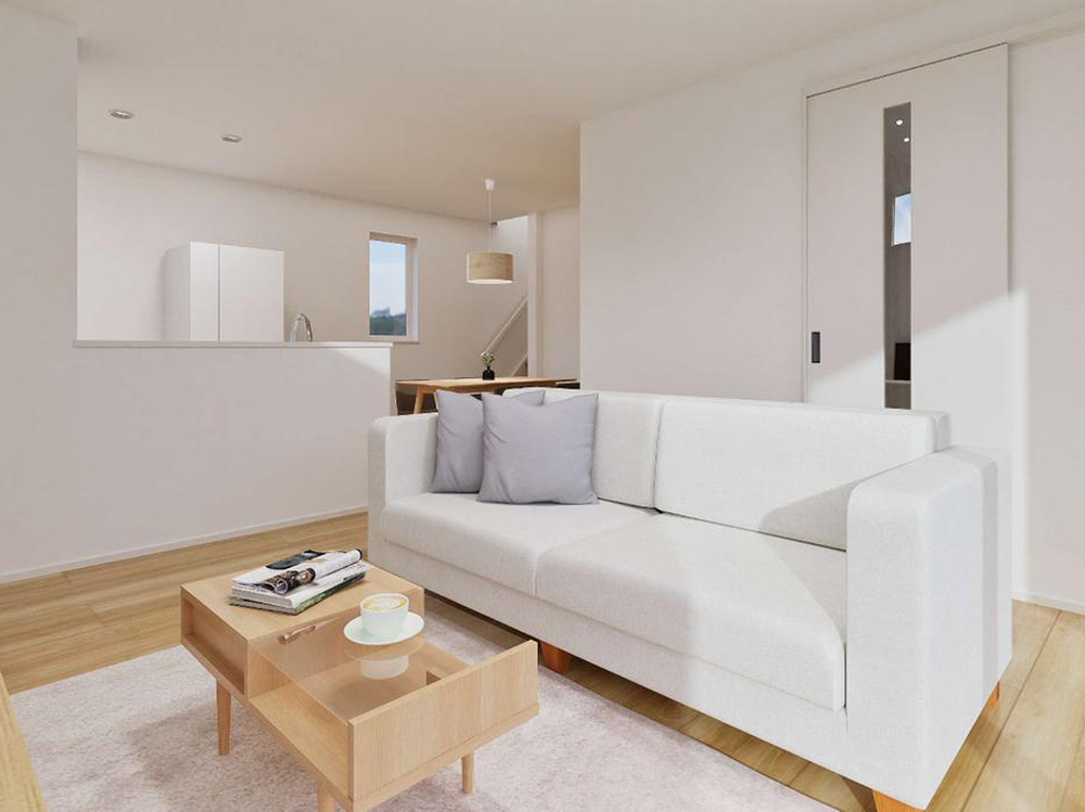 【完成予想図(内観)】キッチンと水まわりをまとめた家事ラク動線♪キッチンからドライルームや浴室へスムーズに行き来でき、毎日の家事も効率よくこなせます。