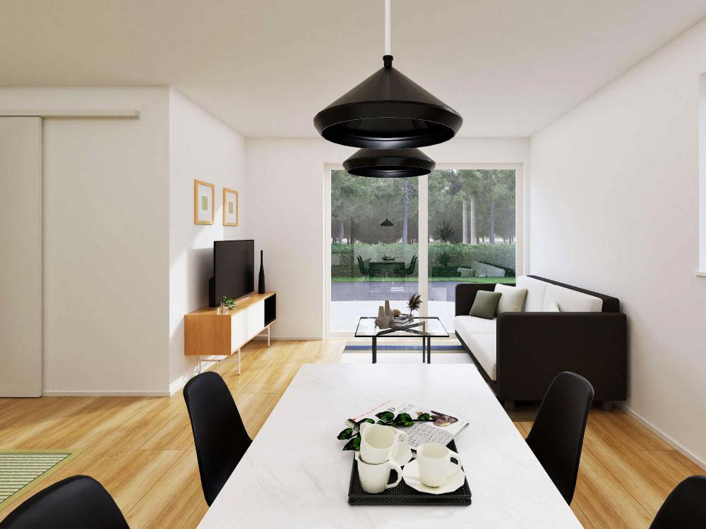 【完成予想図(内観)】タタミコーナーとリビングを見渡せるキッチンは、家族の気配を感じながら家事ができる安心の配置。お料理中も自然と会話が生まれる、つながりを感じる空間です。