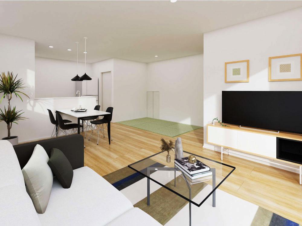 【完成予想図(内観)】タタミコーナー付きのLDKは、リビングと一体になった和のスペースが、家族みんなの居場所に。お昼寝や遊び、ちょっとしたくつろぎにもぴったりで、自然と家族が集まる心地よい空間です。