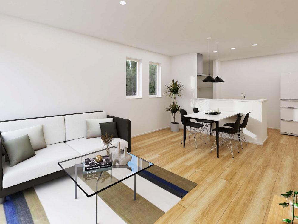 【完成予想図(内観)】キッチンと水まわりをまとめた家事ラク動線♪キッチンからドライルームや浴室へスムーズに行き来でき、毎日の家事も効率よくこなせます。