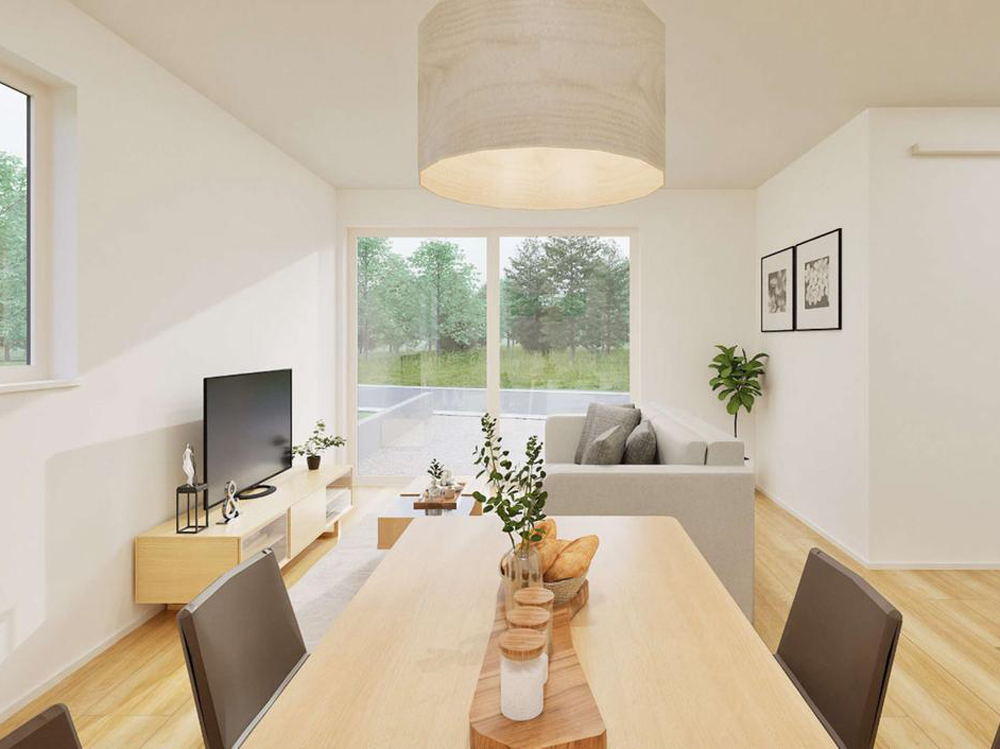 【完成予想図(内観)】キッチンからタタミコーナーやリビング学習の様子を見守れる安心設計。家事をしながら自然と家族の時間を共有できます。