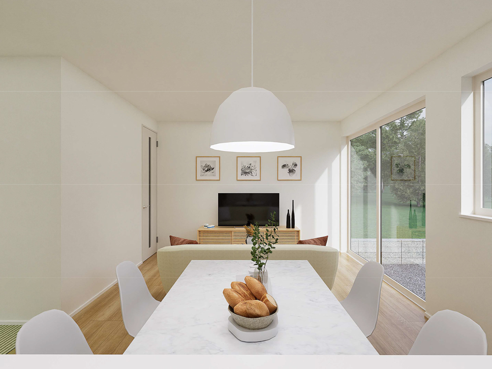 【完成予想図(内観)】キッチンからリビング全体を見渡せる間取りで、家族の様子をいつでも感じられる安心の設計。家事をしながら自然と会話が生まれる、つながりを大切にした空間です。