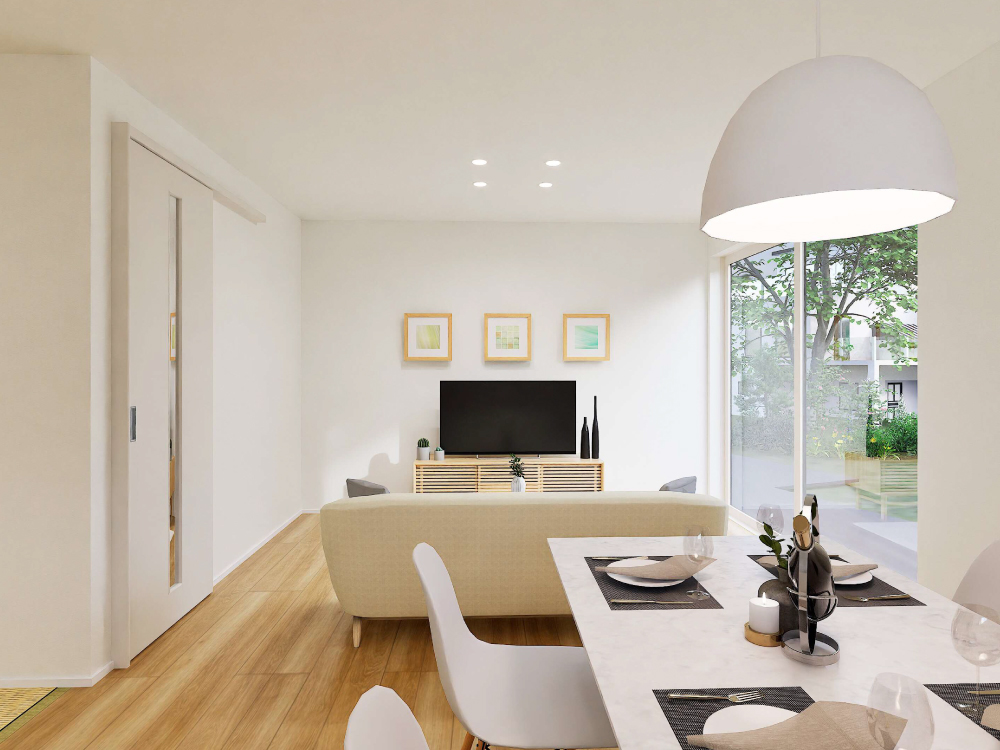 【完成予想図(内観)】キッチンからリビング学習の様子が見える配置は、料理をしながら子どもの勉強や遊びを見守れる安心の間取り。家事と子育てを自然に両立できる、家族にやさしい空間です。