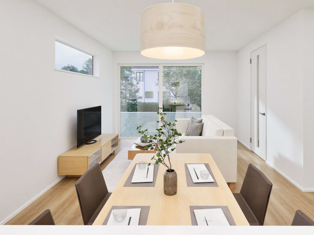 【完成予想図(内観)】キッチンからリビング学習の様子が見える配置は、料理をしながら子どもの勉強や遊びを見守れる安心の間取り。家事と子育てを自然に両立できる、家族にやさしい空間です。