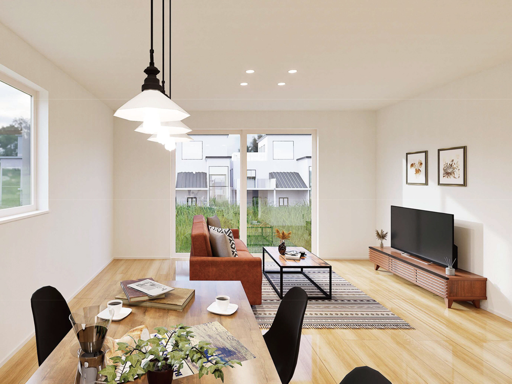 【完成予想図(内観)】キッチンからリビング全体を見渡せる間取りで、家族の様子をいつでも感じられる安心の設計。家事をしながら自然と会話が生まれる、つながりを大切にした空間です。