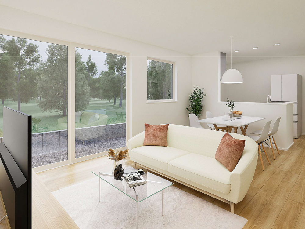 【完成予想図(内観)】2方向に窓を設けたことで、日中たっぷりの光が差し込む明るいLDK。 心地よい風が通り抜け、家族が自然と集まる開放的な空間です。