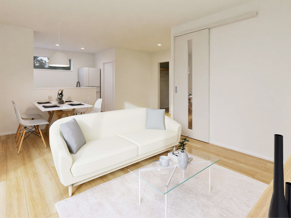 【完成予想図(内観)】タタミコーナーを設けて、家族みんながくつろげるゆったりLDK♪ お子さまの遊び場やお昼寝スペースとしても活躍します。