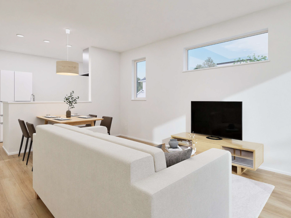 【完成予想図(内観)】キッチンと水まわりを近くにまとめた、家事がしやすい動線設計。料理や洗濯、片付けの流れがスムーズにつながり、毎日の家事負担をぐっと軽減します。