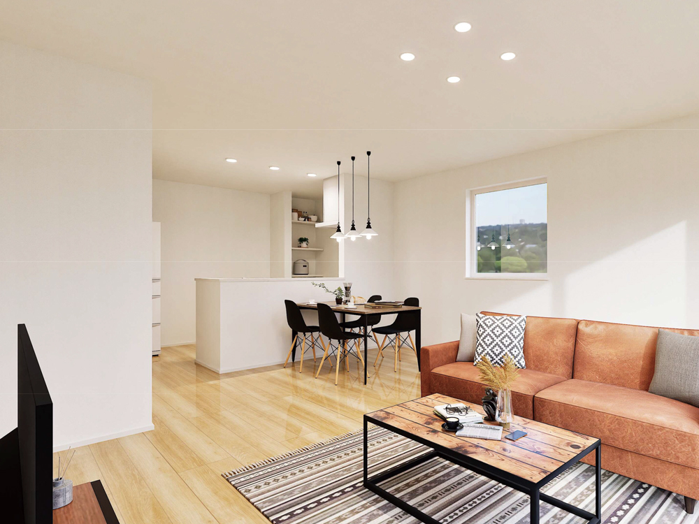 【完成予想図(内観)】2方向に窓を設けたことで、日中たっぷりの光が差し込む明るいLDK。 心地よい風が通り抜け、家族が自然と集まる開放的な空間です。