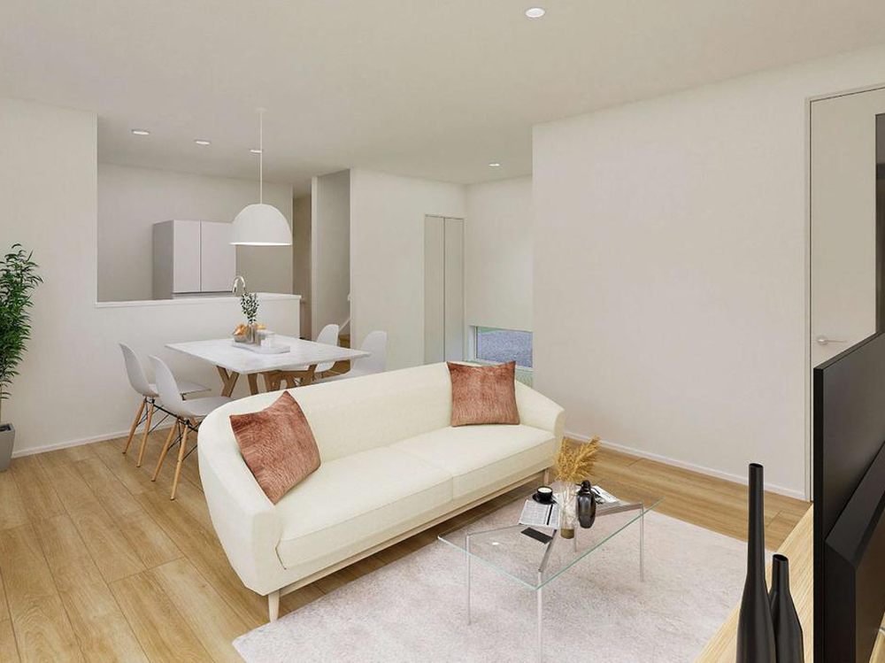 【完成予想図(内観)】水回りを家の奥にまとめることで、洗濯や掃除、片付けなどの家事がスムーズに。家事の動線が短くなり、忙しい毎日もラクにこなせます。