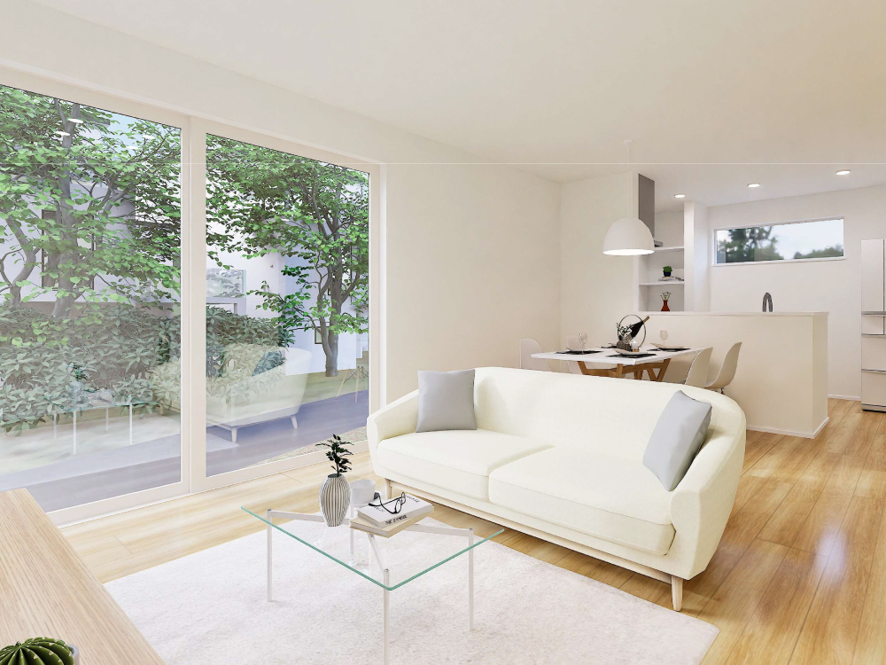 【完成予想図(内観)】一直線に配置したLDKは、リビング・ダイニング・キッチンが視覚的につながり、家族の気配を感じながら過ごせる空間。動線もスムーズで、毎日の暮らしが快適になる間取りです。