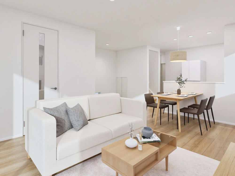 【完成予想図(内観)】タタミコーナーを設けて、家族みんながくつろげるゆったりLDK♪ お子さまの遊び場やお昼寝スペースとしても活躍します。