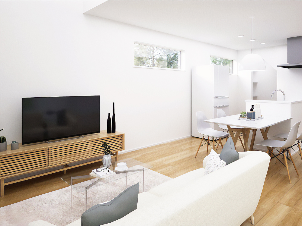 【完成予想図(内観)】キッチンからリビング学習の様子が見える配置は、料理をしながら子どもの勉強や遊びを見守れる安心の間取り。家事と子育てを自然に両立できる、家族にやさしい空間です。