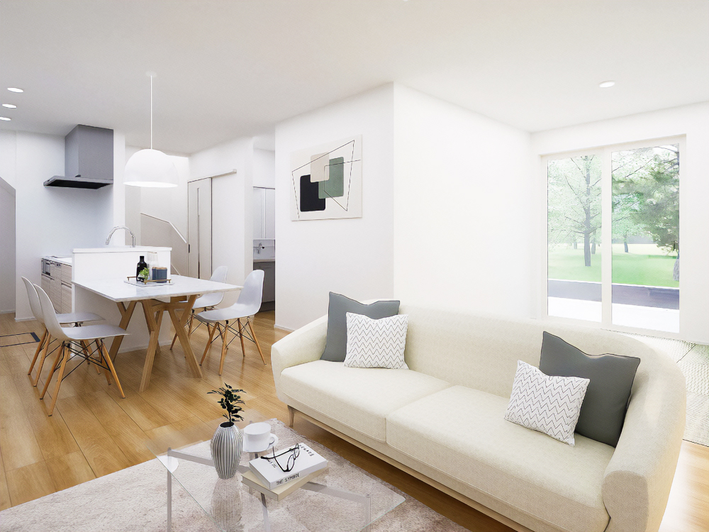 【完成予想図(内観)】キッチンと水まわりを近くにまとめた、家事がしやすい動線設計。料理や洗濯、片付けの流れがスムーズにつながり、毎日の家事負担をぐっと軽減します。