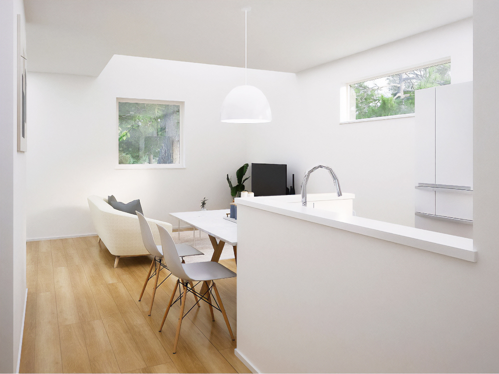 【完成予想図(内観)】タタミコーナーを設けて、家族みんながくつろげるゆったりLDK♪ お子さまの遊び場やお昼寝スペースとしても活躍します。