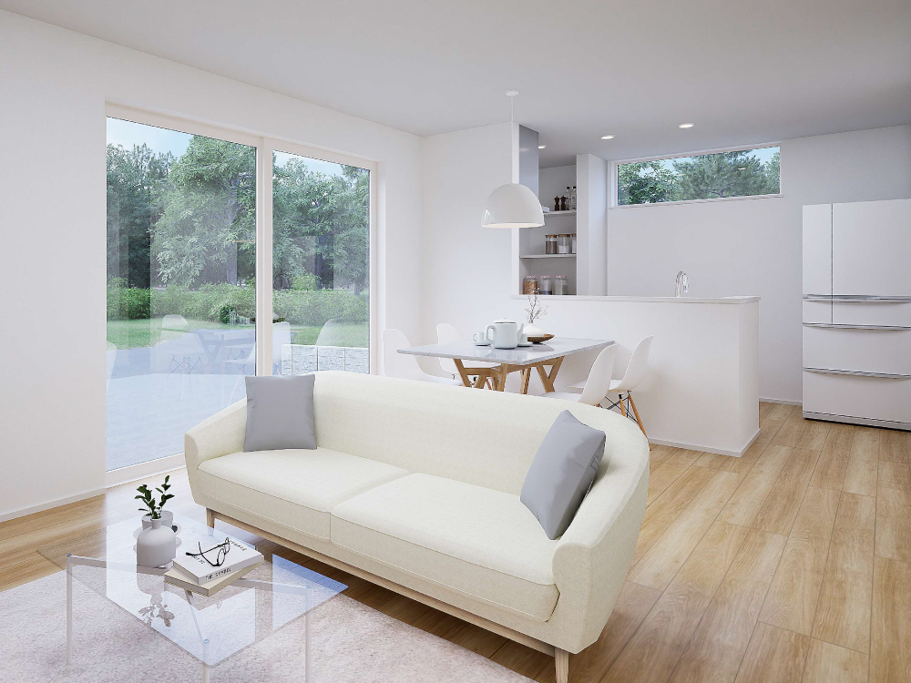 【完成予想図(内観)】三方向から光が差し込む明るいリビング。時間帯によって表情を変える自然光が心地よく、家族の笑顔が集まるやすらぎの空間です。どこにいてもあたたかさを感じられる、開放的なLDK♪ペースとしても活躍します。