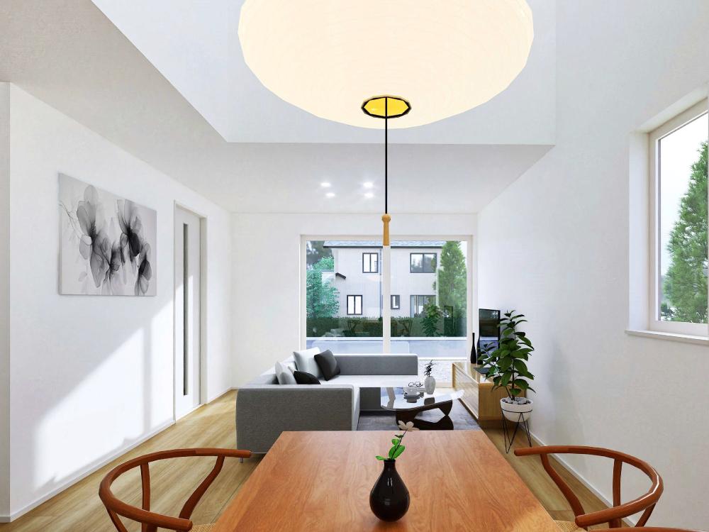 【完成予想図(内観)】一直線に並んだLDKで、料理をしながらでも家族の様子が見渡せる安心の設計。自然と会話が生まれる距離感がうれしいポイントです。家族みんなが集まりやすく、日々のコミュニケーションが深まります。