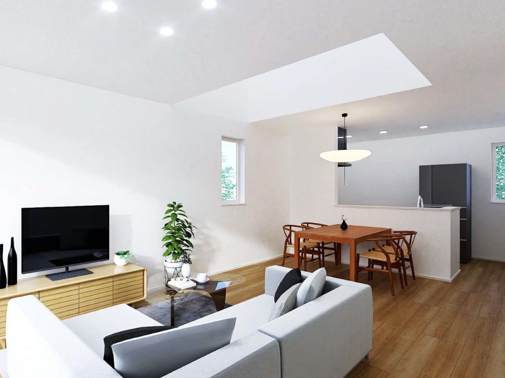 【完成予想図(内観)】三方向から光が差し込む、明るく開放的なLDK。吹き抜けが空間に広がりを生み、家族みんなが心地よく過ごせるリビングです。どの時間帯も自然光に包まれる、穏やかな暮らしを楽しめます。