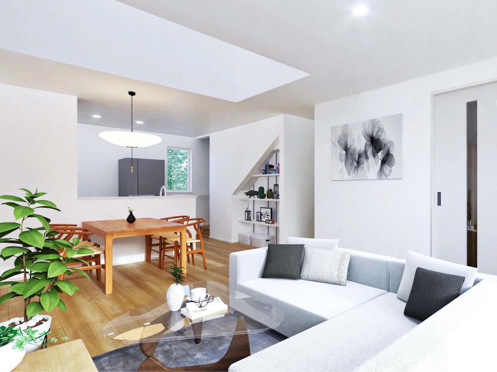 【完成予想図(内観)】家族でのびのび過ごせる18帖のLDK。ダイニングやソファをゆったり配置でき、リビング学習や家族の団らんにもぴったり。どこにいても会話が届く、あたたかい空間です。