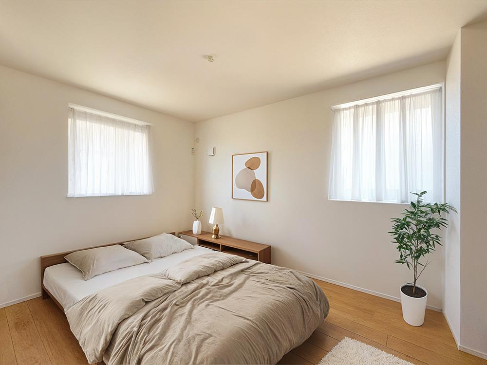 【収納付き居室(8帖)+WIC】ベッドをつなげて置いて、家族みんなでお休みもできる広さです。2方向に窓を設けることで風通しが良く、効率的な換気が可能に。※家具・小物等はCGで合成したイメージです