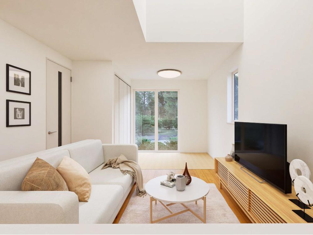 【完成予想図(内観)】キッチンからタタミコーナーやリビング学習の様子を見守れる安心設計。家事をしながら自然と家族の時間を共有できます。