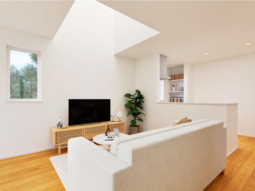 【完成予想図(内観)】吹抜けと3面に窓を設けたことで、日中はたっぷりと自然光が差し込み、明るく開放的なLDKに。風通しもよく、家族みんなが心地よく過ごせる空間です。