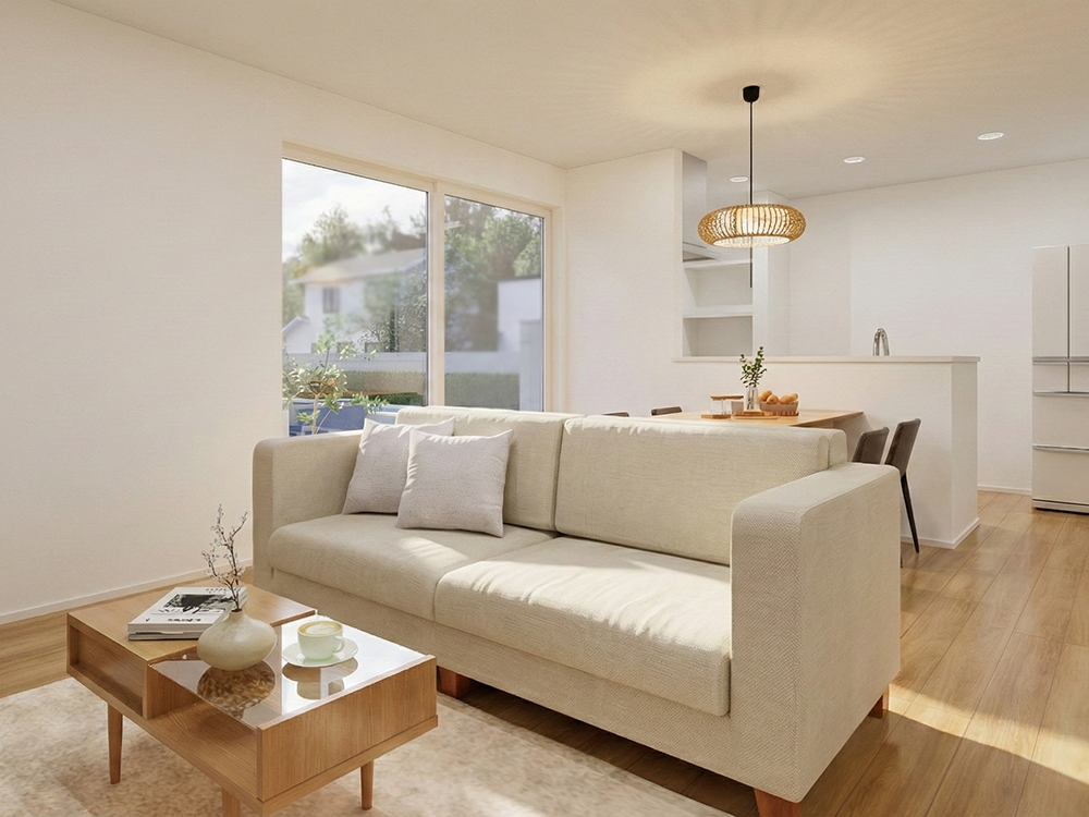 【完成予想図(内観)】キッチンからはリビングが見通せるので、家族との会話を楽しみながら家事ができる快適な空間です。