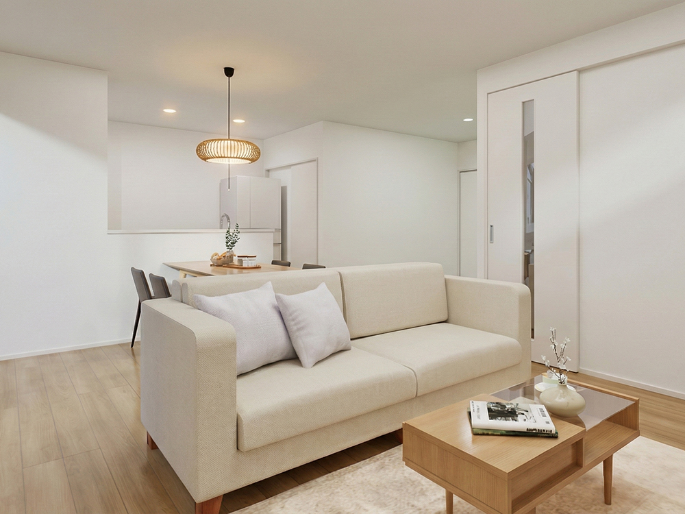 【完成予想図(内観)】LDKはタタミスペースを合わせると広々20.3帖!開放感あふれるリビングです。