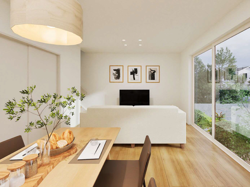 【完成予想図(内観)】横並びのLDKは、キッチンからリビングまでゆるやかにつながる一体空間。家族の会話や笑顔が自然と広がる、心地よい暮らしを叶えます。