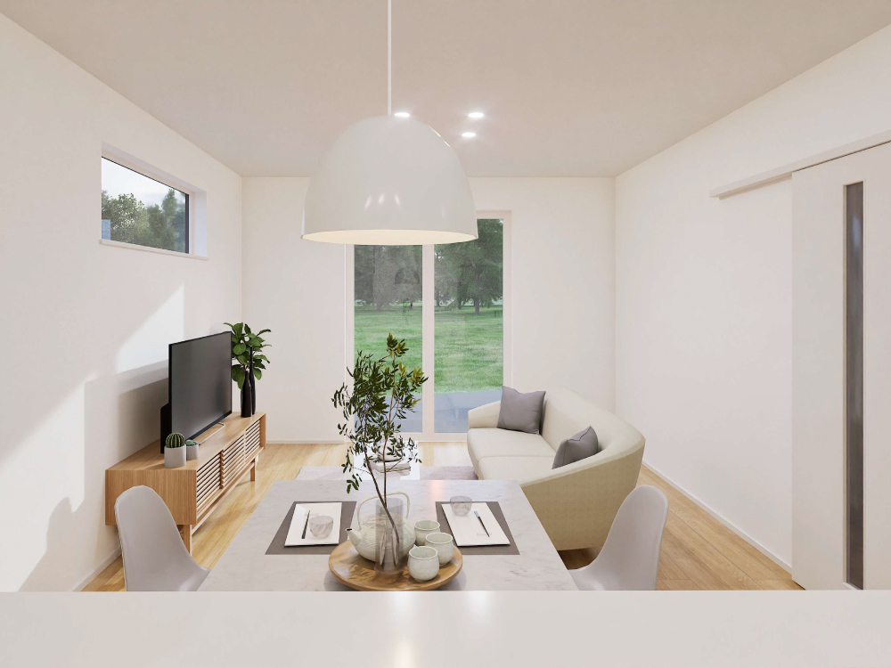 【完成予想図(内観)】キッチンからリビング学習の様子が見える配置は、料理をしながら子どもの勉強や遊びを見守れる安心の間取り。家事と子育てを自然に両立できる、家族にやさしい空間です。