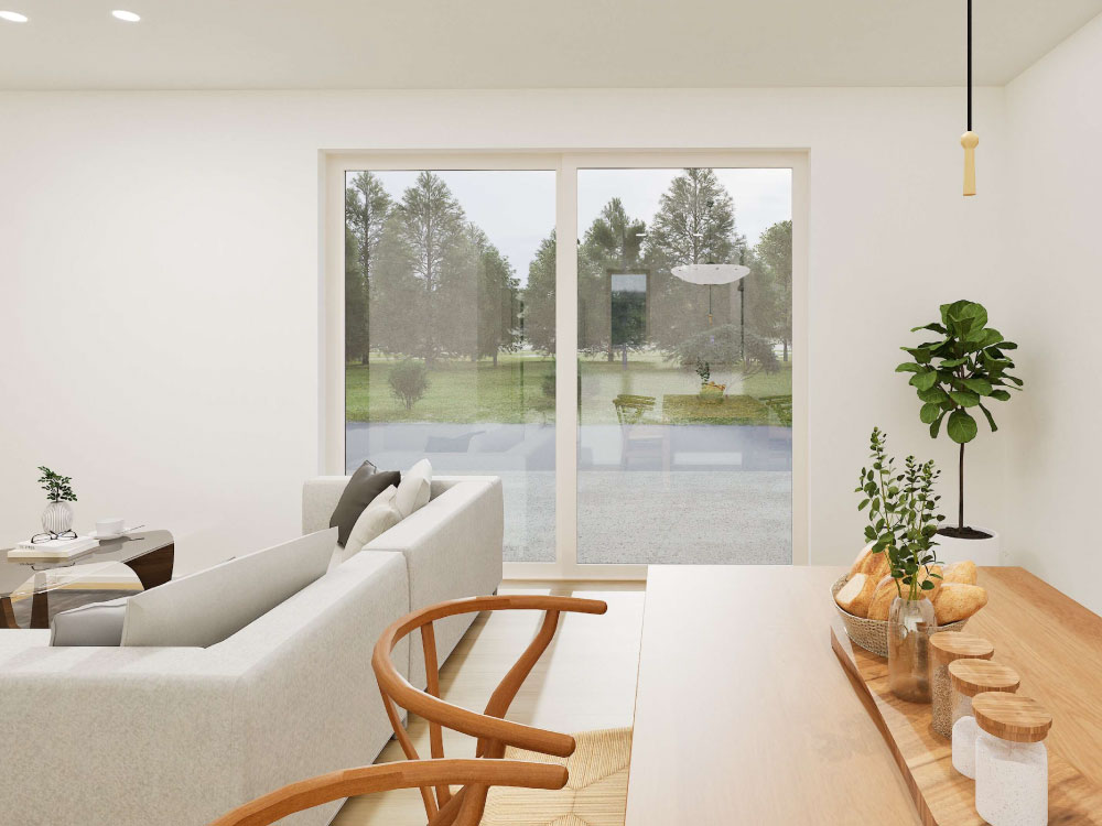 【完成予想図(内観)】キッチンのすぐそばに水回りがあるから、料理も洗濯もスムーズ。回遊動線で家事がラクになり、毎日の暮らしがもっと快適に。