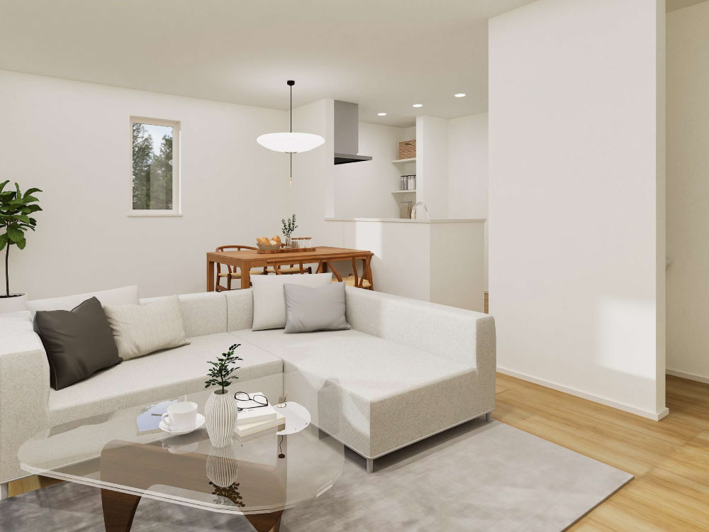 【完成予想図(内観)】L字型に配置されたLDKは、リビングとダイニングの空間をゆるやかに分けながらも、家族のつながりを感じられる心地よい空間です。