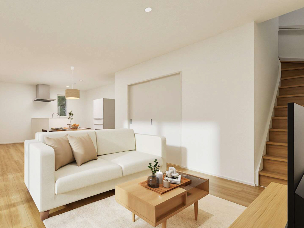 【完成予想図(内観)】水回りをキッチンのそばにまとめることで、家事の流れがスムーズに。毎日の暮らしが自然と快適になる工夫です。