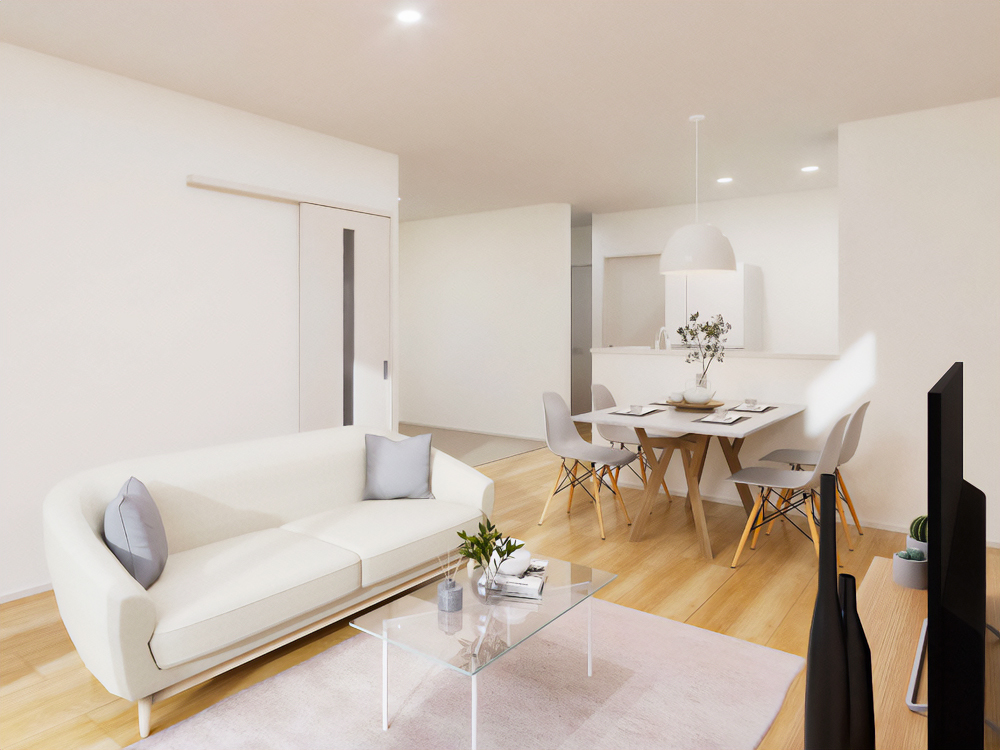 【完成予想図(内観)】テキスタイルフロアを設けて、家族みんながくつろげるゆったりLDK♪ お子さまの遊び場やお昼寝スペースとしても活躍します。