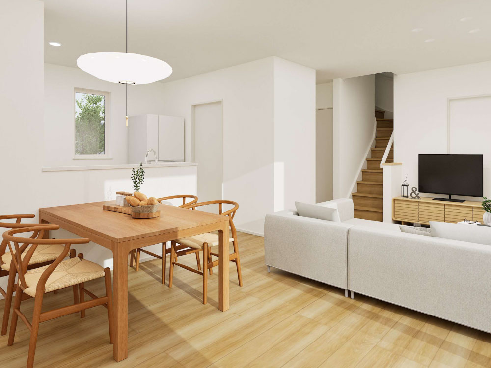 【完成予想図(内観)】三方向に窓を設けた17.9帖のLDKは、光と風がたっぷり届く心地よい空間。明るく開放的な雰囲気の中で、くつろぎの時間を過ごせます。