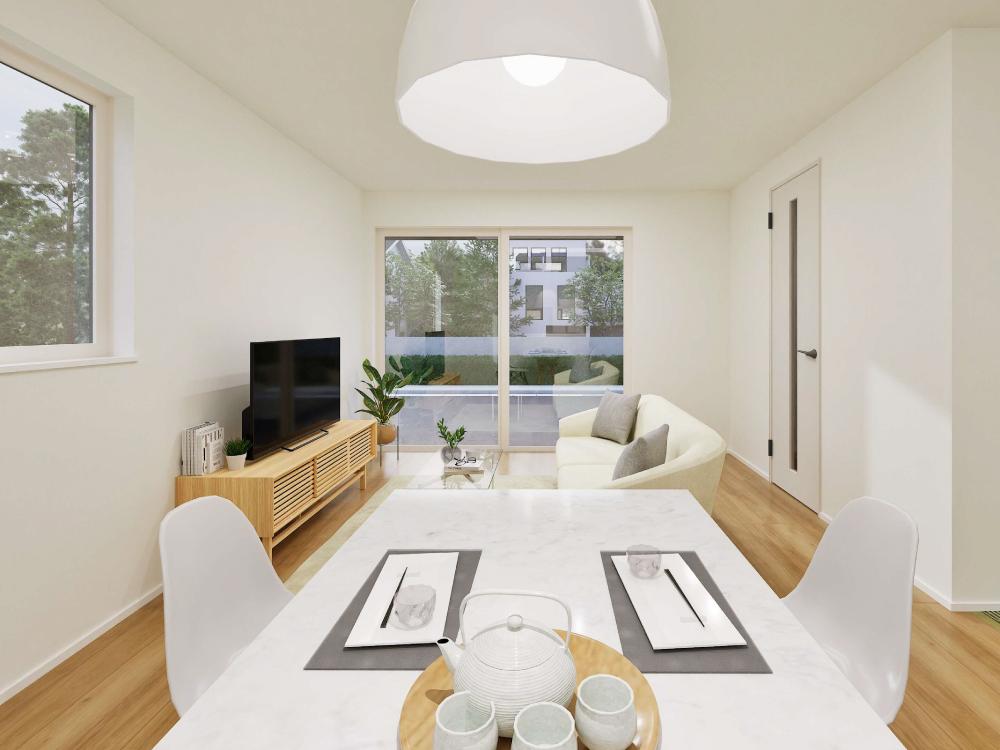 【完成予想図(内観)】南向きの窓から光がたっぷり差し込むLDK。明るく開放的な空間で、家族の時間を心地よく過ごせます。