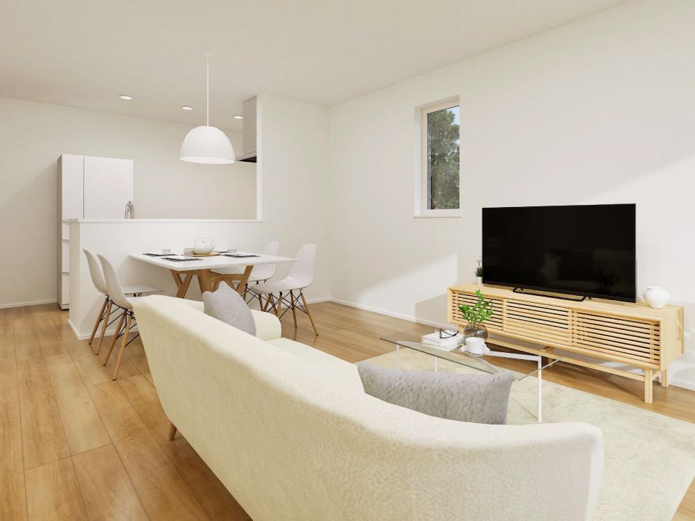 【完成予想図(内観)】リビング・ダイニング・キッチンが一直線に並ぶ間取り。家族の会話や笑顔が自然と広がる、心地よい暮らしを叶えます。