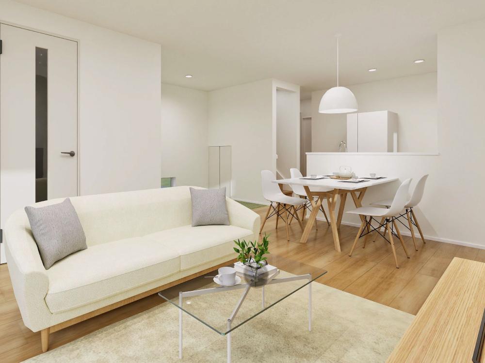 【完成予想図(内観)】水回りをキッチンのそばにまとめることで、家事の流れがスムーズに。毎日の暮らしが自然と快適になる工夫です。