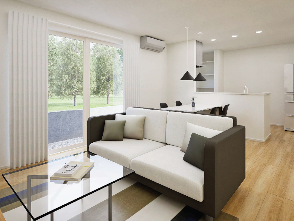 【完成予想図(内観)】キッチンからはリビングが見通せるので、家族との会話を楽しみながら家事ができる快適な空間です。