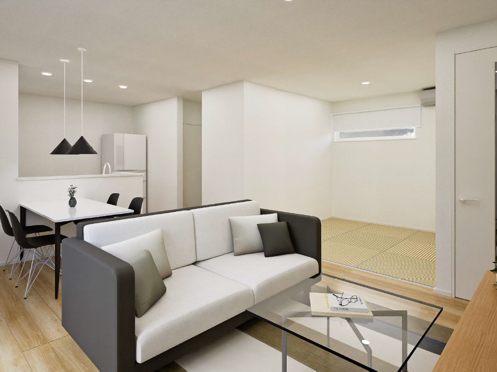 【完成予想図(内観)】LDKはタタミスペースを合わせると広々20.2帖!開放感あふれるリビングです。