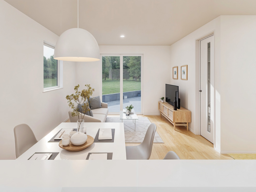 【完成予想図(内観)】キッチンと水回りを横並びに配置することで、移動がスムーズになり家事ラク動線に♪洗濯や料理を同時進行しやすく、家事効率もアップ！時短につながり、毎日の暮らしにゆとりが生まれます