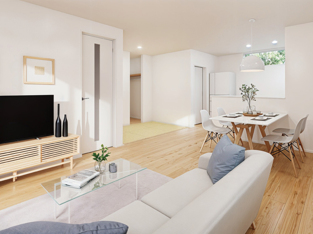 【完成予想図(内観)】キッチンからタタミコーナーやリビング学習の様子を見守れる安心設計。家事をしながら自然と家族の時間を共有できます。