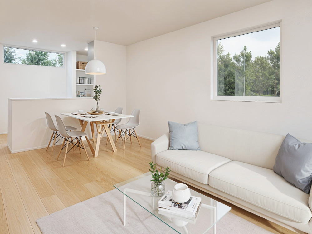 【完成予想図(内観)】3方向の窓から光がたっぷり降り注ぎ、LDKはいつでも明るく開放的。心地よい空間で、家族の時間がもっと豊かに広がります。