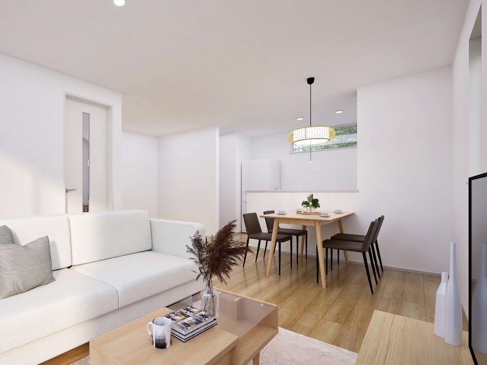 【完成予想図(内観)】キッチンと水回りを横並びに配置することで、移動がスムーズになり家事ラク動線に♪さらに、洗濯や料理を同時進行しやすく、家事効率もアップ！時短につながり、毎日の暮らしにゆとりが生まれます。※写真はイメージです。